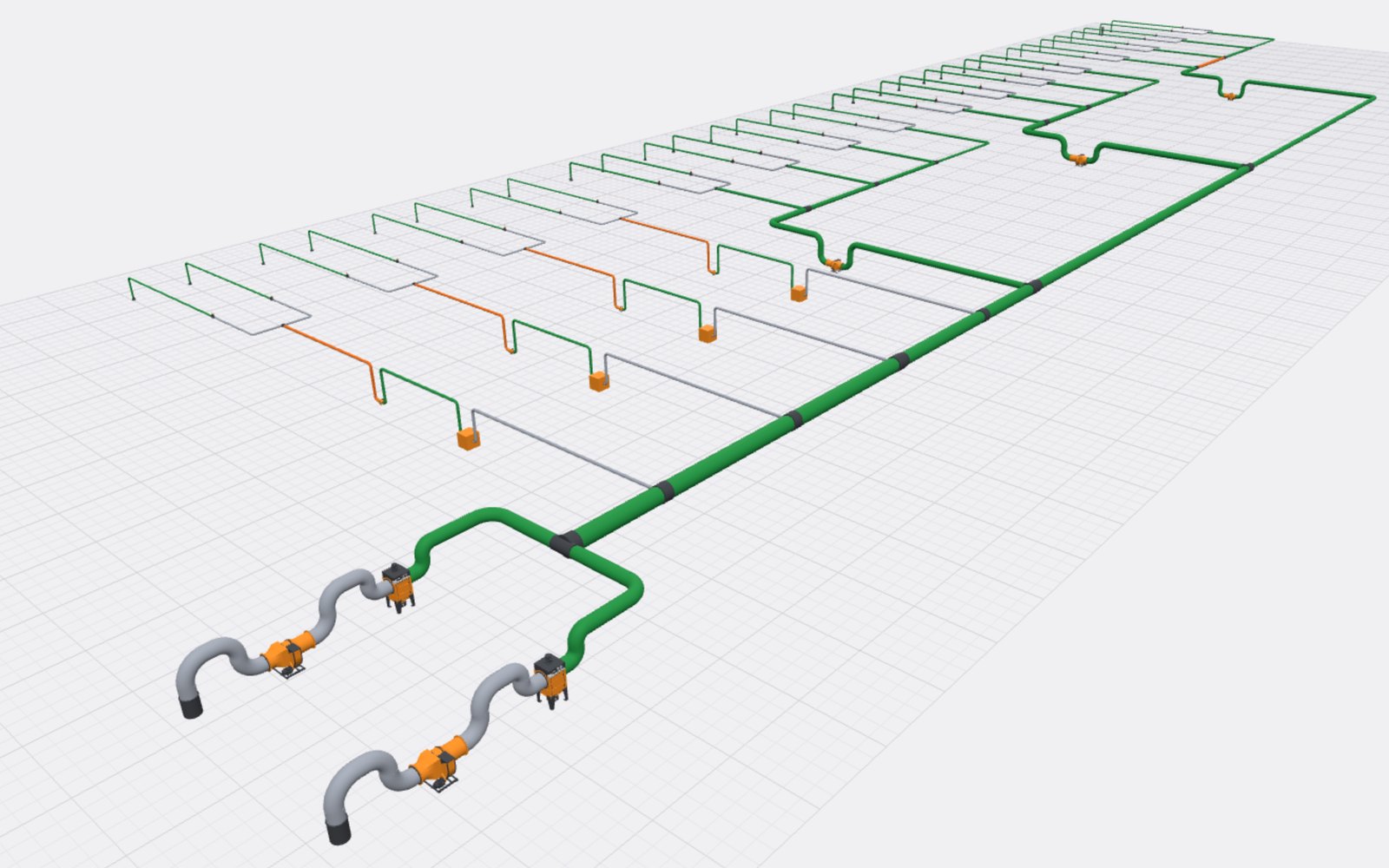 A 3D view of a large extraction network, each duct coloured by its solved air velocity